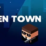 En färgglad illustration med texten ALIEN TOWN, föreställande ett grönt tecknat monster med ett öga och en man i solglasögon som håller ett gevär, med en flygande tefat på en natthimmel i bakgrunden