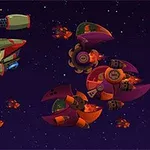 En tecknad rymdskeppspilot i ett futuristiskt grönt och rött skepp omges av flera fiendtliga rymdskepp mot en stjärnbeströdd bakgrund