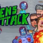 Tecknade utomjordingar med stora huvuden och vapen attackerar människor med en explosion i bakgrunden