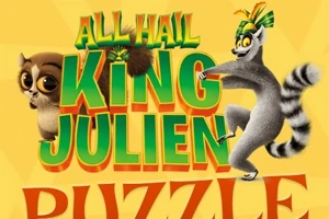 Två lemurer med färgglada huvudbonader framför texten All Hail King Julien Puzzle på en gul bakgrund