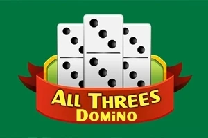Domino-pjäser staplade mot en grön bakgrund med en röd banderoll som har texten All Threes Domino