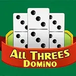 Domino-pjäser staplade mot en grön bakgrund med en röd banderoll som har texten All Threes Domino