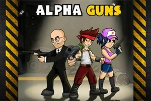 Tre tecknade karaktärer med vapen står redo under texten ALPHA GUNS