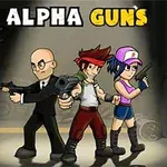 Tre tecknade karaktärer med vapen står redo under texten ALPHA GUNS