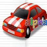 Röd leksaksbil med vita ränder och texten alphabet for child på ett linjerat papper
