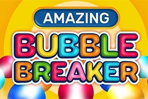 Färgglad text med orden Amazing Bubble Breaker mot en bakgrund av färgstarka bubblor