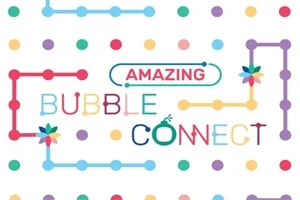 Färgglada prickar och linjer i olika mönster med texten Amazing Bubble Connect mot en vit bakgrund