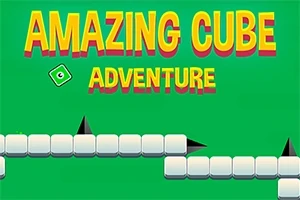 Texten Amazing Cube Adventure i färgglada bokstäver över en grön bakgrund med vita block och svarta trianglar