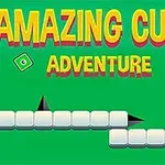Texten Amazing Cube Adventure i färgglada bokstäver över en grön bakgrund med vita block och svarta trianglar