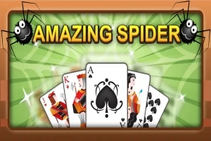 Texten Amazing Spider med två tecknade spindlar och en fläkt av spelkort på en grön bakgrund