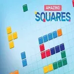 Färgglada kvadrater arrangerade på ett rutigt ljusblått bakgrund med texten Amazing Squares ovanför