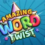 Färgglad text med orden AMAZING WORD TWIST mot en blå bakgrund, omgiven av bokstavsbrickor