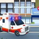 En ambulans med blinkande ljus kör framför ett sjukhus