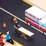 Ambulans på en väg med en sjukvårdare och en bår, samt två personer sittande vid vägkanten
