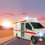 Ambulans med blåljus kör på en landsväg vid solnedgången
