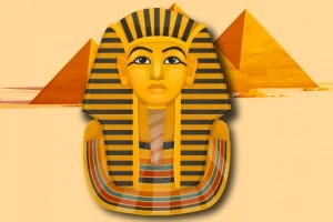 Guldfärgad faraonisk mask med svarta ränder framför pyramider på en beige bakgrund
