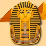 Guldfärgad faraonisk mask med svarta ränder framför pyramider på en beige bakgrund