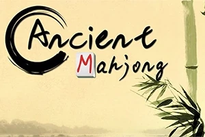 Texten Ancient Mahjong med dekorativa bokstäver och en illustration av bambu mot en mjuk, gul bakgrund