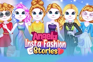 Flera tecknade figurer i färgglada kläder står på rad med logotypen Angela Insta Fashion Stories framför dem