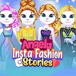 Flera tecknade figurer i färgglada kläder står på rad med logotypen Angela Insta Fashion Stories framför dem