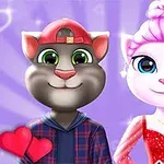 Två animerade katter står bredvid varandra på en lila bakgrund, den ena bär en röd keps och rutig tröja och den andra en röd klänning