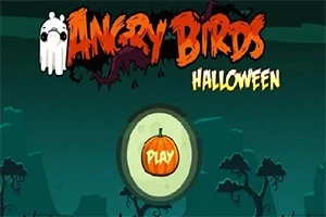 Halloween-tema med silhuetter av träd på en mörk bakgrund och en orange pumpa med texten PLAY i mitten