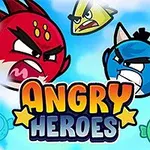 Tecknade fågelliknande figurer i röda och blå färger i en arg konfrontation, omgivna av moln med texten Angry Heroes i mitten
