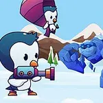 Två tecknade pingviner i snölandskap, en med en färgglad kanon och en annan i fallskärm, möter en isblå golem