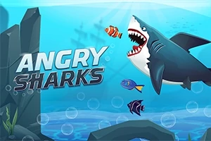 En illustration av en haj med gapande käftar omgiven av korallrev och färgglada fiskar under vattenytan, med texten Angry Sharks