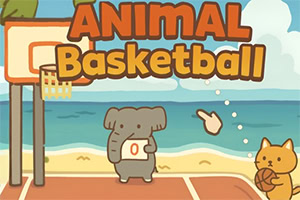 En tecknad elefant med en baskettröja och en katt som spelar basket vid stranden, med en basketkorg i bakgrunden och titeln Animal Basketball ovanför