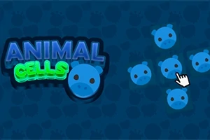Blå bakgrund med neontexten ANIMAL CELLS och en illustration av blå celler med djuransikten, samt en markörhand