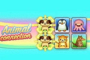 Tecknade djurbilder inklusive hund, pingvin, bläckfisk, gepard och känguru ordnade i ett rutnät med texten Animal connection till vänster