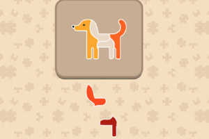En illustration av en hund med orange, vit och röd färg och pusselbitar under