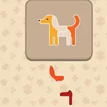 En illustration av en hund med orange, vit och röd färg och pusselbitar under