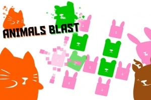 Färgglada, stiliserade djuransikten i rosa, grönt, och orange mot en vit bakgrund med texten ANIMALS BLAST