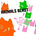 Färgglada, stiliserade djuransikten i rosa, grönt, och orange mot en vit bakgrund med texten ANIMALS BLAST