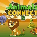 Tecknade djur som ett lejon, en tiger, en orm, en zebra och en elefant framför en solnedgång med texten Animals Connect 2
