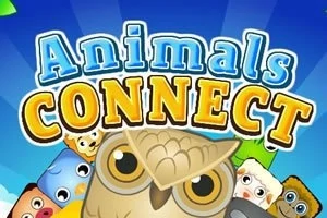 Tecknade djurfigurer med en stor uggla i förgrunden och texten Animals Connect i färgglad stil