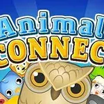 Tecknade djurfigurer med en stor uggla i förgrunden och texten Animals Connect i färgglad stil