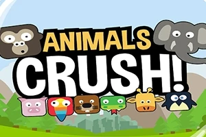 Djurhuvuden i tecknad stil med texten Animals Crush över en bakgrund av berg och träd