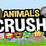 Djurhuvuden i tecknad stil med texten Animals Crush över en bakgrund av berg och träd