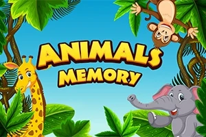 Tecknade djur som en giraff, en apa och en elefant omgivna av gröna blad runt texten Animals Memory