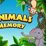 Tecknade djur som en giraff, en apa och en elefant omgivna av gröna blad runt texten Animals Memory