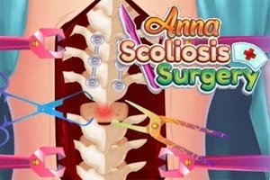 Illustration av en ryggoperation med kirurgiska verktyg och texten Anna Scoliosis Surgery ovanpå