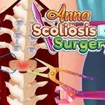 Illustration av en ryggoperation med kirurgiska verktyg och texten Anna Scoliosis Surgery ovanpå