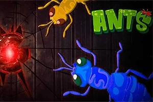 Två tecknade myror, en gul och en blå, närmar sig en röd ljuskälla med texten ANTS ovanför