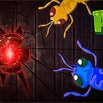 Två tecknade myror, en gul och en blå, närmar sig en röd ljuskälla med texten ANTS ovanför