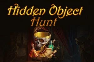 Dödskalle med guldkrona omgiven av magiska drycker och pergament, med texten Hidden Object Hunt ovanför