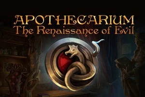 Omslaget visar titeln APOTHECARIUM: The Renaissance of Evil med en orm som slingrar sig runt ett rött och svart emblem, samt mörka detaljer i bakgrunden