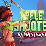 Två tecknade figurer, en med båge och pil siktar mot den andra som har ett äpple på huvudet, med texten Apple Shooter Remastered i bakgrunden